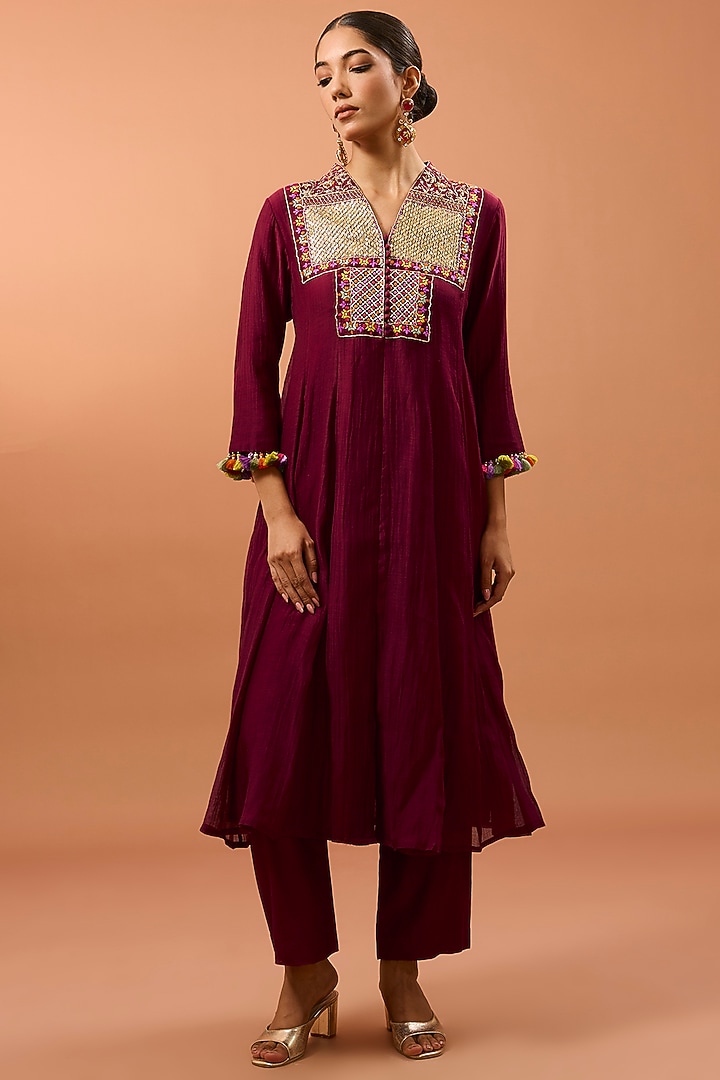 Maroon Chanderi Marori Work Party Wear Anarkali Set by SURBHI SHAH at Pernia's Pop Up Shop