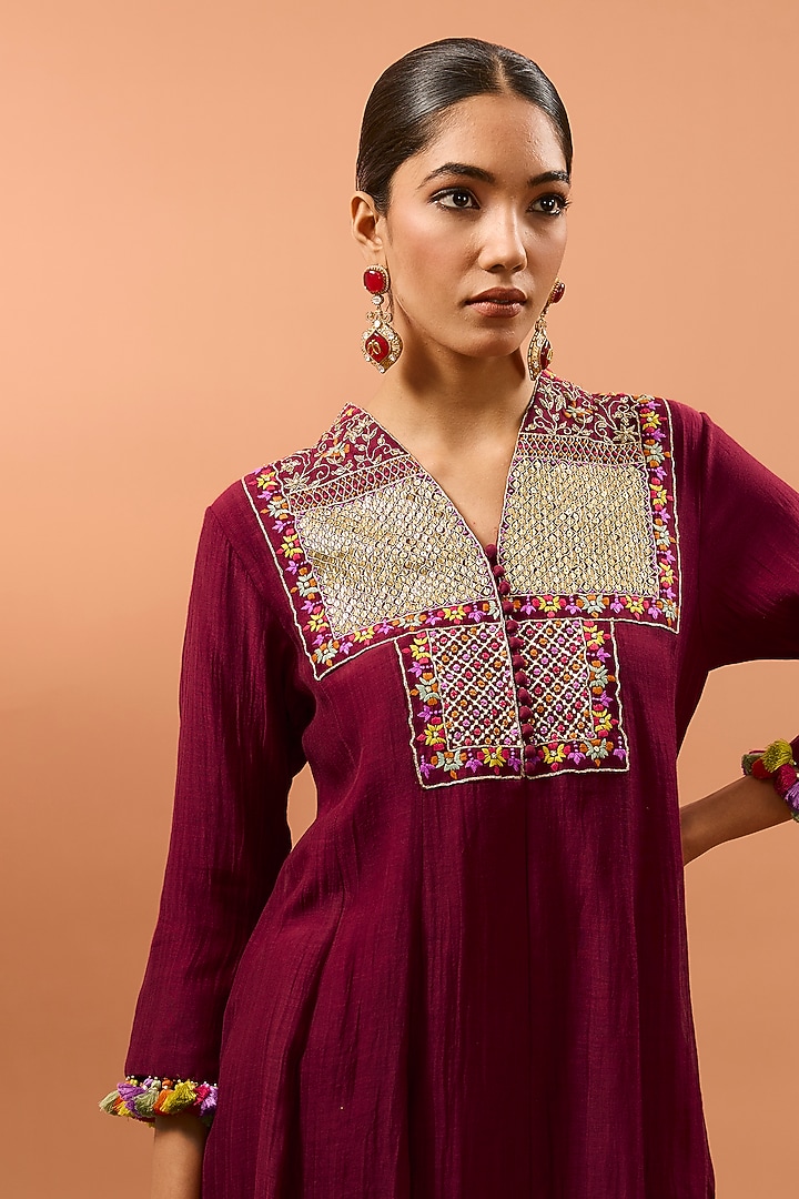 Maroon Chanderi Marori Work Party Wear Anarkali Set by SURBHI SHAH at Pernia's Pop Up Shop
