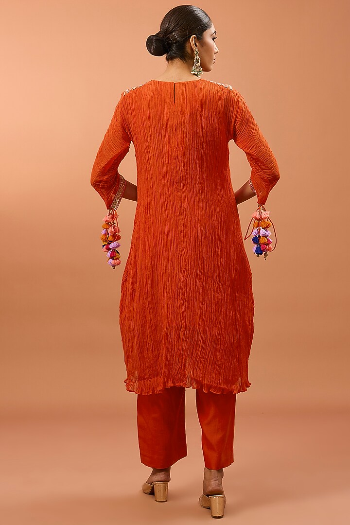 Burnt Orange Chanderi Marori Work Crushed Kurta Set by SURBHI SHAH at Pernia's Pop Up Shop