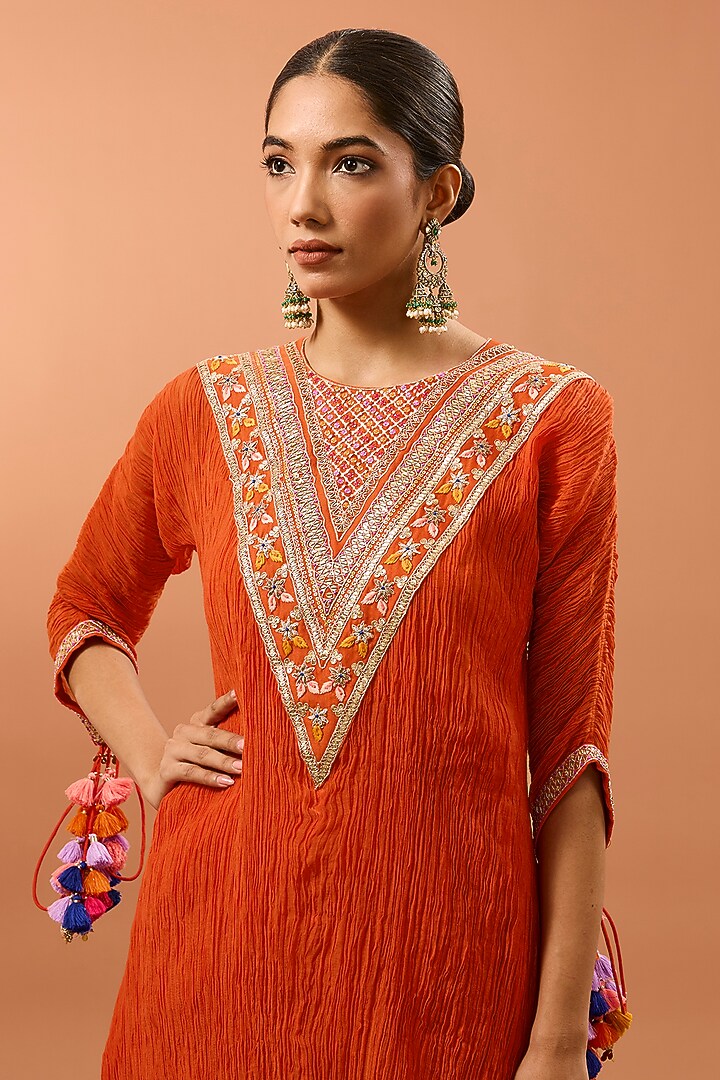 Burnt Orange Chanderi Marori Work Crushed Kurta Set by SURBHI SHAH at Pernia's Pop Up Shop