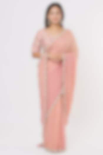 Rose Gold Platinum Chiffon Hand Embroidered Wedding Saree Set by SURBHI SHAH at Pernia's Pop Up Shop