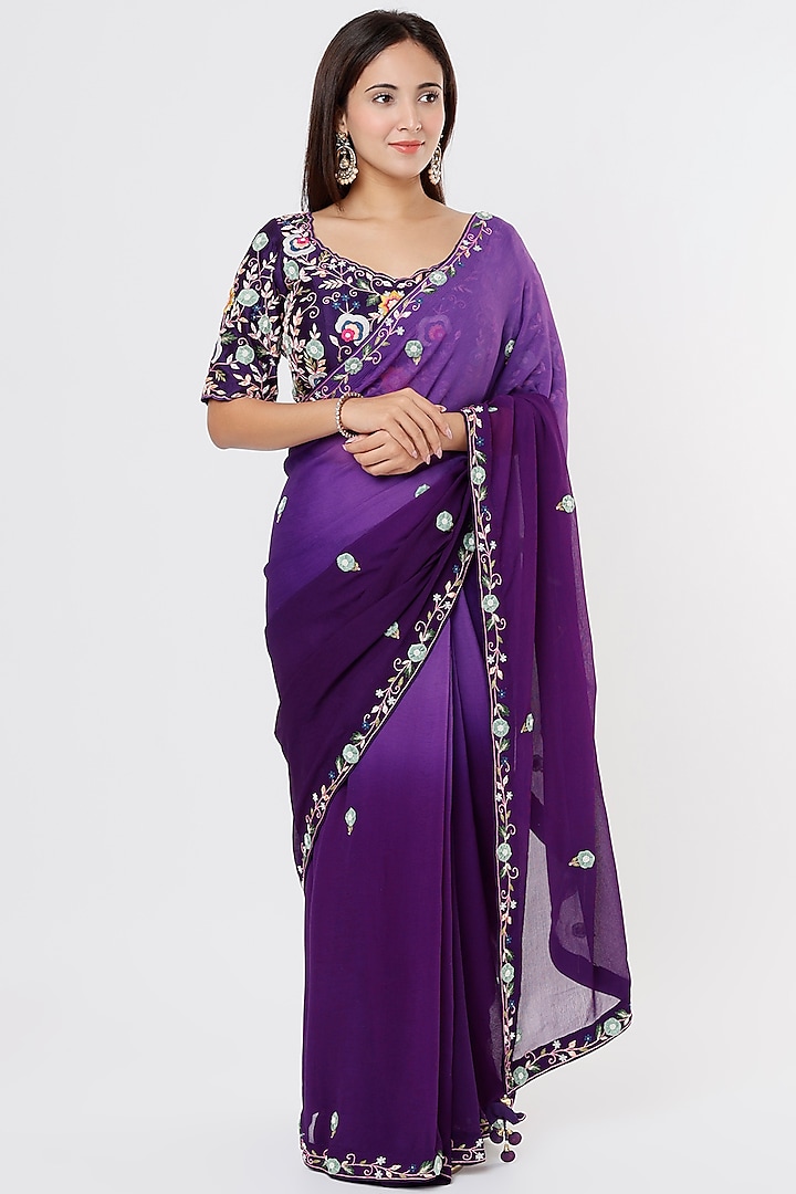 Purple Hand Embroidered Saree Set by SURBHI SHAH