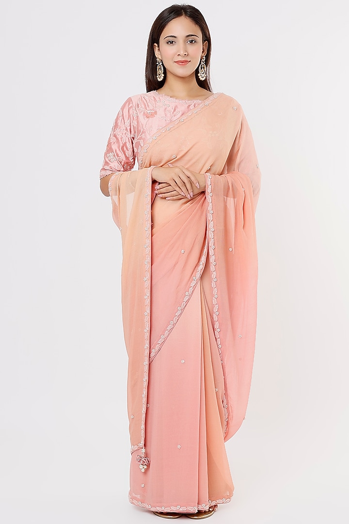 Rose Gold Platinum Chiffon Hand Embroidered Saree Set by SURBHI SHAH at Pernia's Pop Up Shop