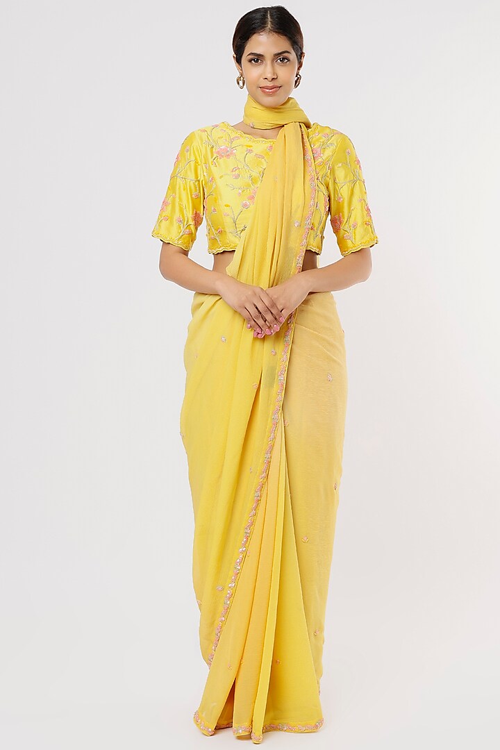 Yellow Hand Embroidered Saree Set by SURBHI SHAH