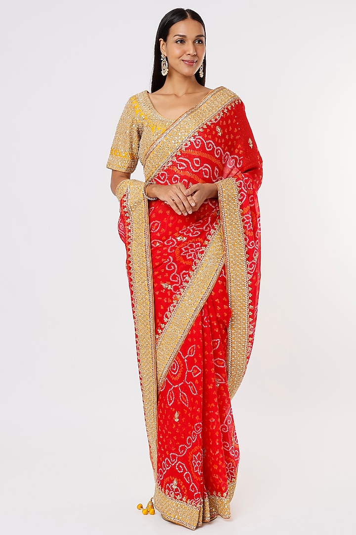 Red Hand Embroidered Saree Set by SURBHI SHAH