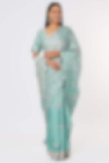 Powder Blue Hand Embroidered Reception Saree Set by SURBHI SHAH at Pernia's Pop Up Shop