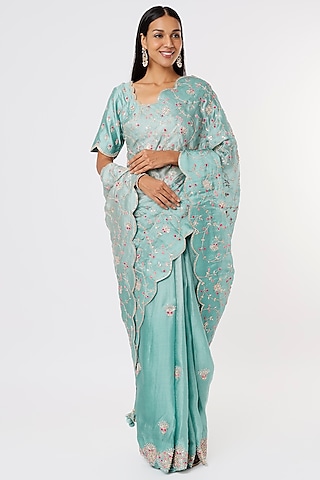Powder Blue Hand Embroidered Saree Set by SURBHI SHAH