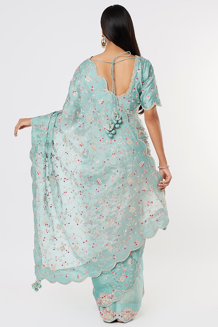 Powder Blue Hand Embroidered Reception Saree Set by SURBHI SHAH at Pernia's Pop Up Shop