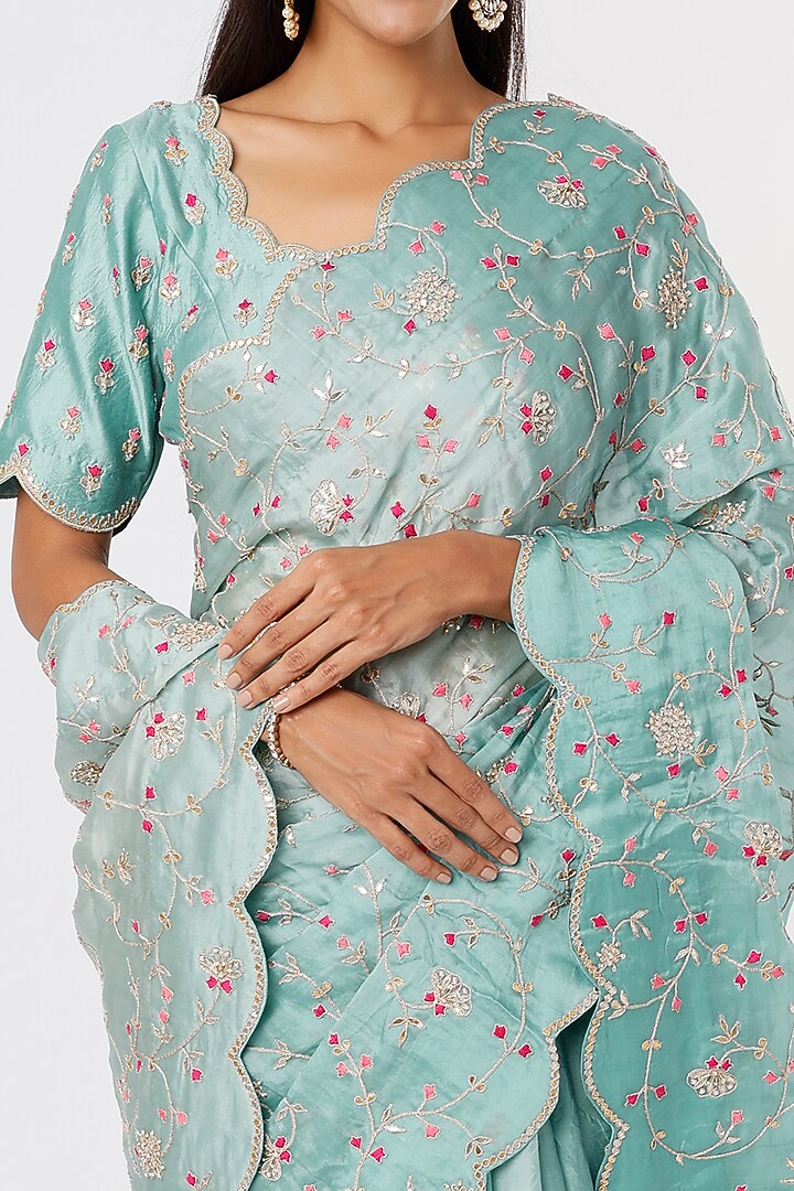 Powder Blue Hand Embroidered Reception Saree Set by SURBHI SHAH at Pernia's Pop Up Shop