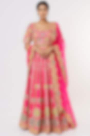 Strawberry Pink Zardosi Embroidered Bridal Lehenga Set by SURBHI SHAH at Pernia's Pop Up Shop