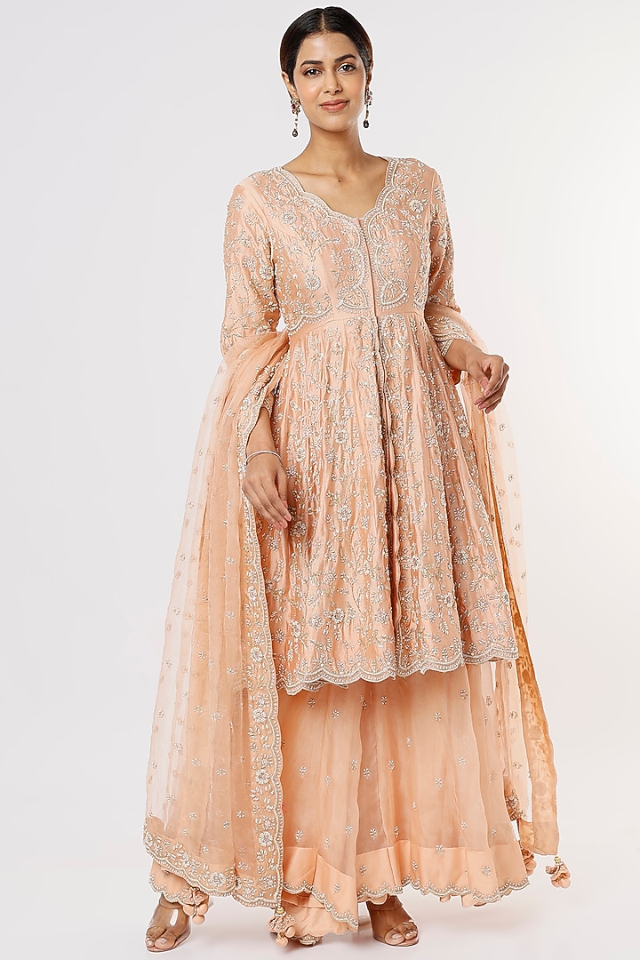 Peach Organza Bridal Sharara Set by SURBHI SHAH at Pernia's Pop Up Shop