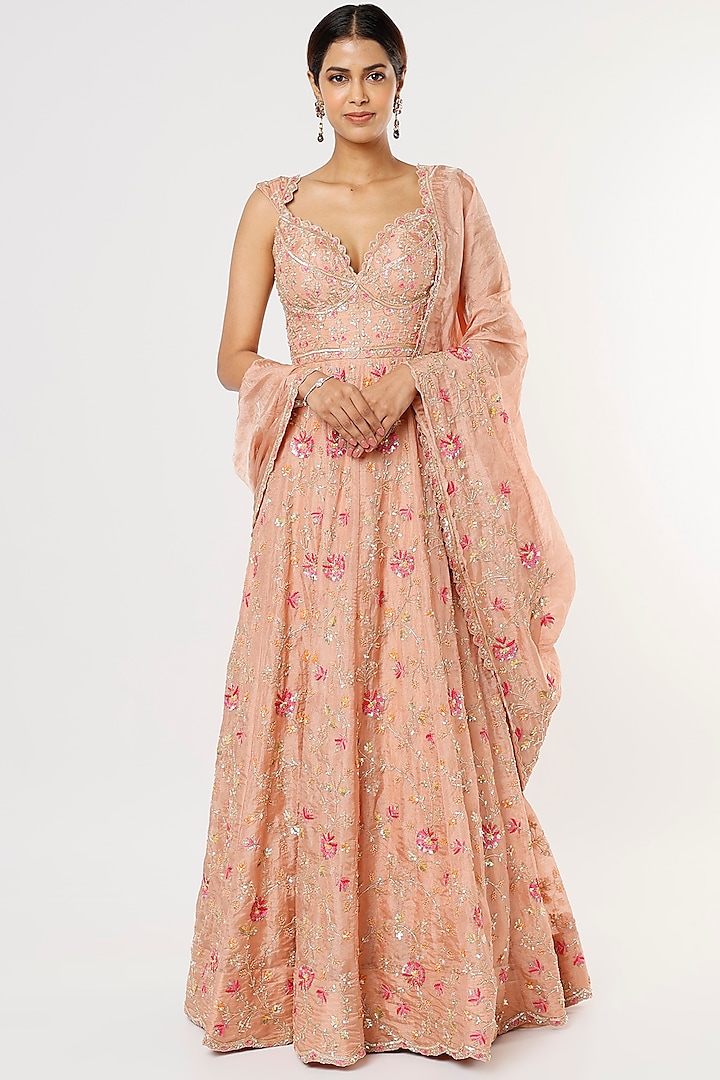 Powder Peach Tissue Embroidered Gown With Dupatta by SURBHI SHAH