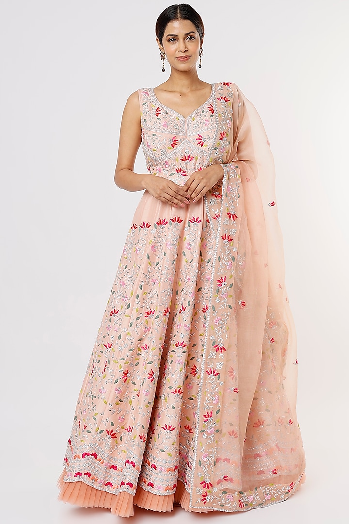 Peach Gota Embroidered Gown by SURBHI SHAH