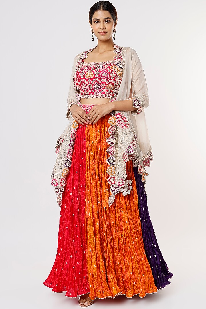 Multi-Colored Chanderi Crushed Wedding Lehenga Set by SURBHI SHAH at Pernia's Pop Up Shop