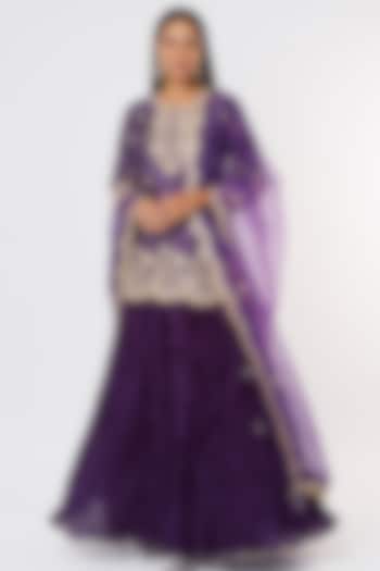 Purple Pure Cora Silk Crushed Skirt Set by SURBHI SHAH at Pernia's Pop Up Shop