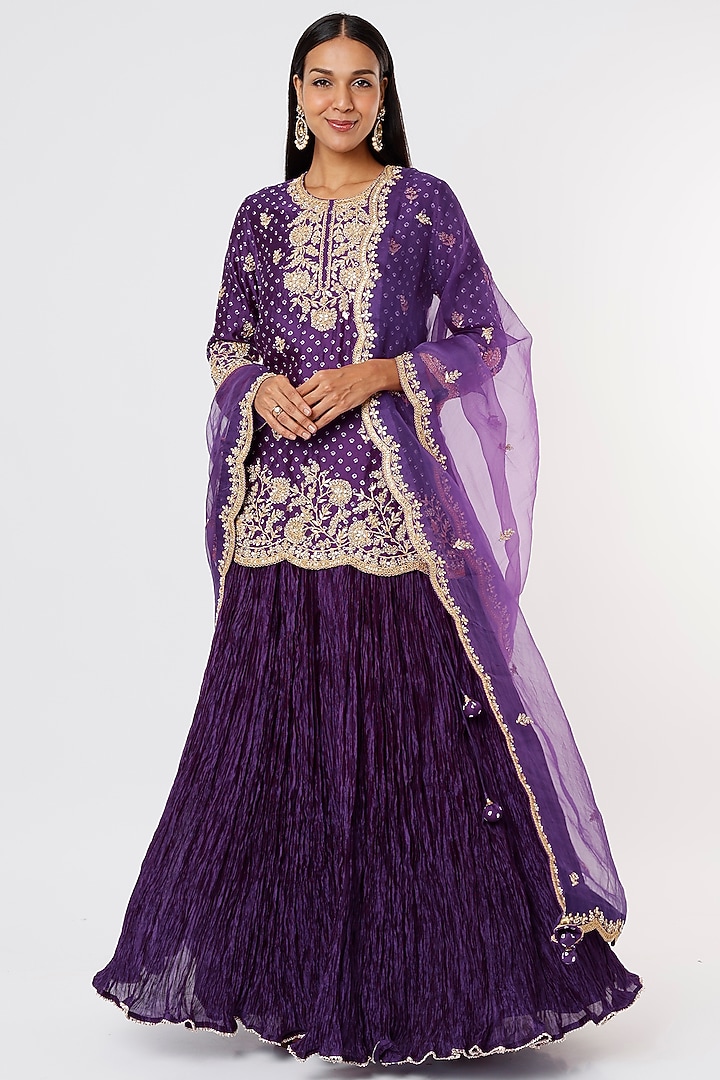 Purple Pure Cora Silk Crushed Skirt Set by SURBHI SHAH at Pernia's Pop Up Shop