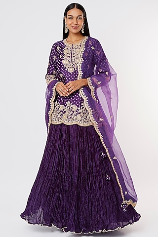 Purple Pure Cora Silk Crushed Skirt Set by SURBHI SHAH