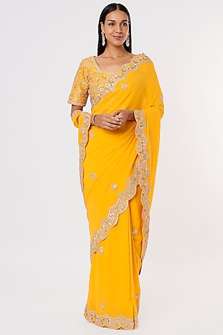 Yellow Hand Embroidered Saree Set by SURBHI SHAH