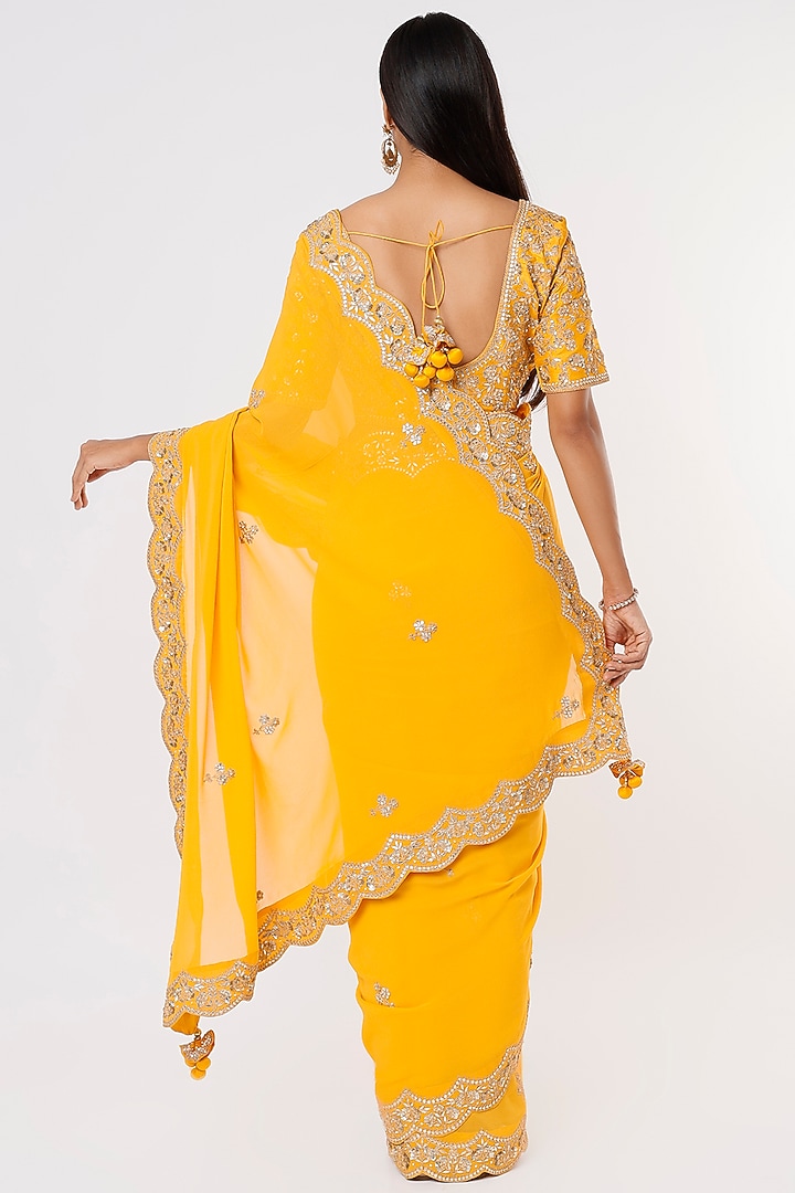 Yellow Hand Embroidered Wedding Saree Set by SURBHI SHAH at Pernia's Pop Up Shop
