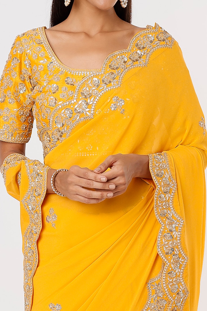 Yellow Hand Embroidered Wedding Saree Set by SURBHI SHAH at Pernia's Pop Up Shop