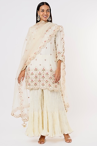Ivory Pure Chanderi Crushed Sharara Set by SURBHI SHAH
