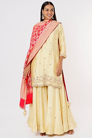 Light Yellow Hand Embroidered Sharara Set by SURBHI SHAH
