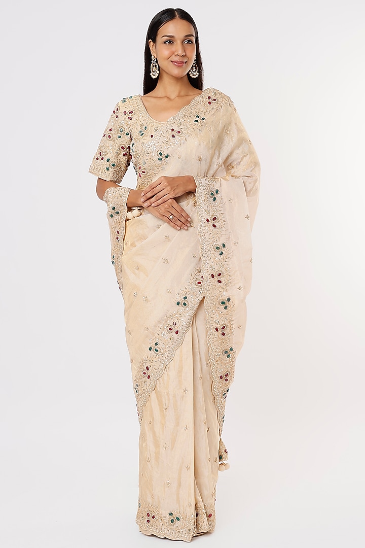 Dull Gold Hand Embroidered Saree Set by SURBHI SHAH
