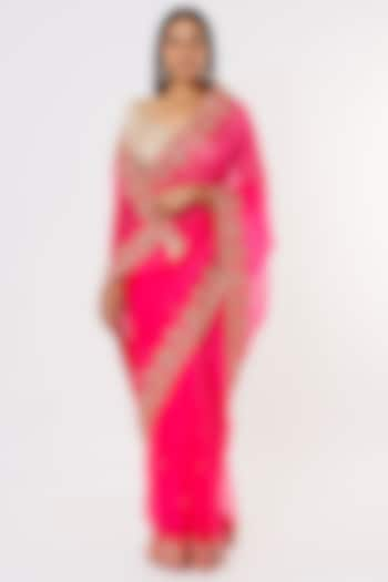 Pink Pure Organza Hand Embroidered Saree Set by SURBHI SHAH at Pernia's Pop Up Shop