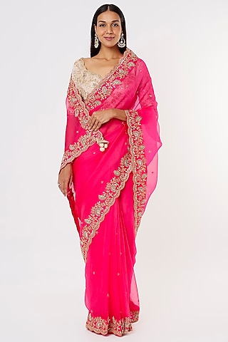 Pink Pure Organza Hand Embroidered Saree Set by SURBHI SHAH