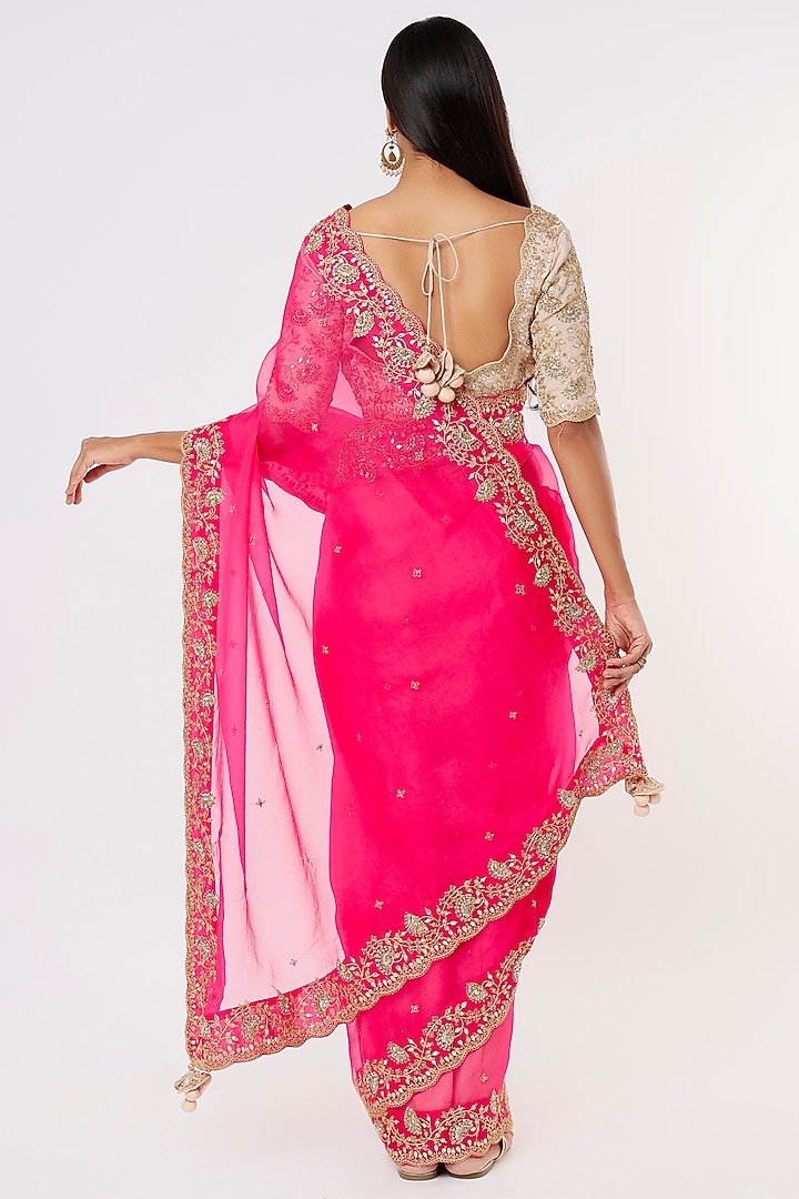 Pink Pure Organza Hand Embroidered Wedding Saree Set by SURBHI SHAH at Pernia's Pop Up Shop