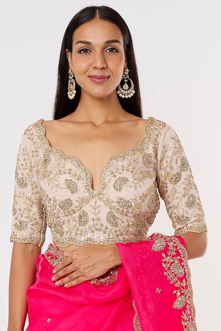 Pink Pure Organza Hand Embroidered Wedding Saree Set by SURBHI SHAH at Pernia's Pop Up Shop
