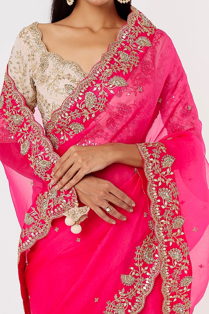 Pink Pure Organza Hand Embroidered Wedding Saree Set by SURBHI SHAH at Pernia's Pop Up Shop