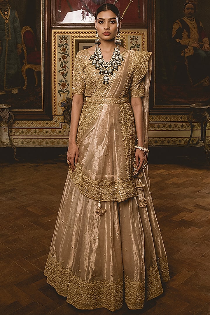 Dull Gold Embroidered Lehenga Set by SURBHI SHAH