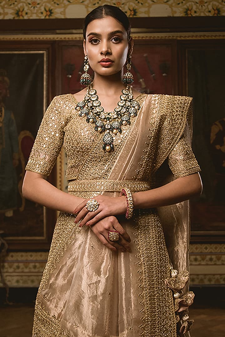 Dull Gold Embroidered Wedding Lehenga Set by SURBHI SHAH at Pernia's Pop Up Shop