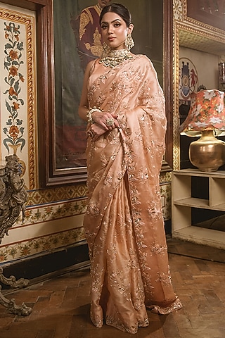 Powder Peach Embroidered Saree Set by SURBHI SHAH