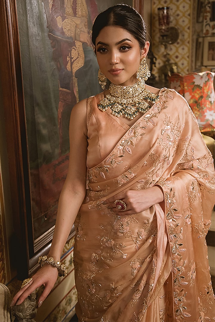 Powder Peach Embroidered Reception Saree Set by SURBHI SHAH at Pernia's Pop Up Shop