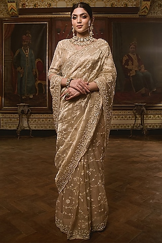 Dull Gold Embroidered Saree Set by SURBHI SHAH