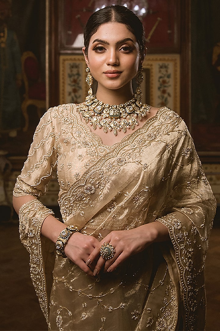 Dull Gold Embroidered Reception Saree Set by SURBHI SHAH at Pernia's Pop Up Shop