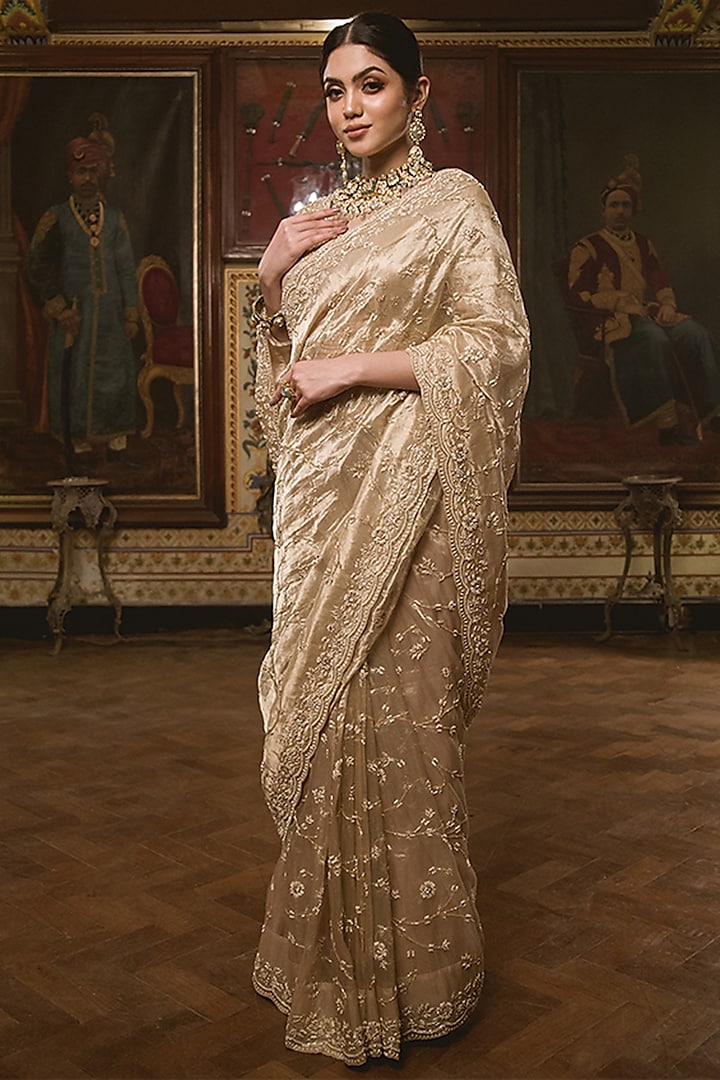 Dull Gold Embroidered Reception Saree Set by SURBHI SHAH at Pernia's Pop Up Shop