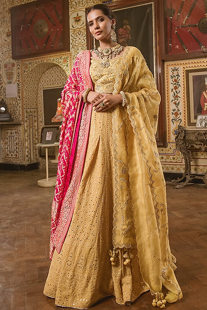 Honey Yellow Embroidered Wedding Lehenga Set by SURBHI SHAH at Pernia's Pop Up Shop