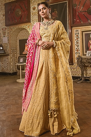 Honey Yellow Embroidered Lehenga Set by SURBHI SHAH