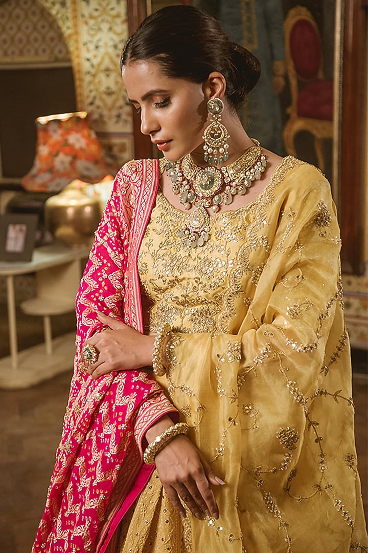 Honey Yellow Embroidered Wedding Lehenga Set by SURBHI SHAH at Pernia's Pop Up Shop