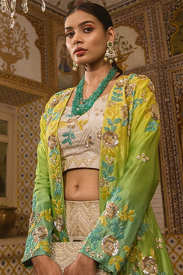 Sea Green Ombre Embroidered Jacket Set by SURBHI SHAH at Pernia's Pop Up Shop