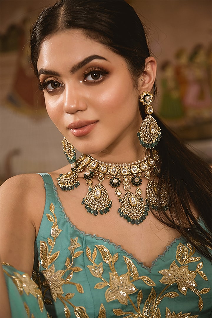 Sea Blue Embroidered Wedding Lehenga Set by SURBHI SHAH at Pernia's Pop Up Shop