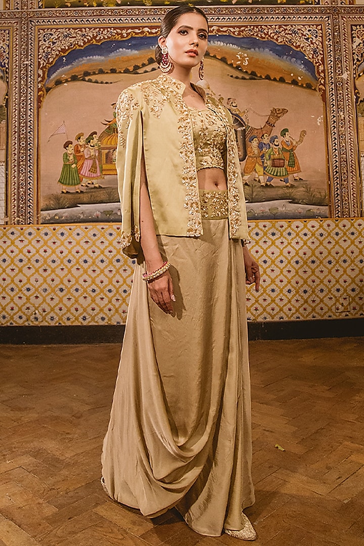 Beige Embroidered Cape Set by SURBHI SHAH