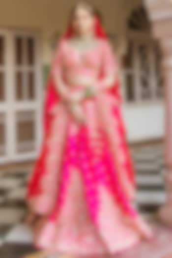 A Strawberry Pink Silk Lehenga Set With Dupatta