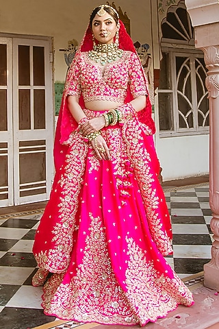 Strawberry Pink Embroidered Lehenga Set by SURBHI SHAH