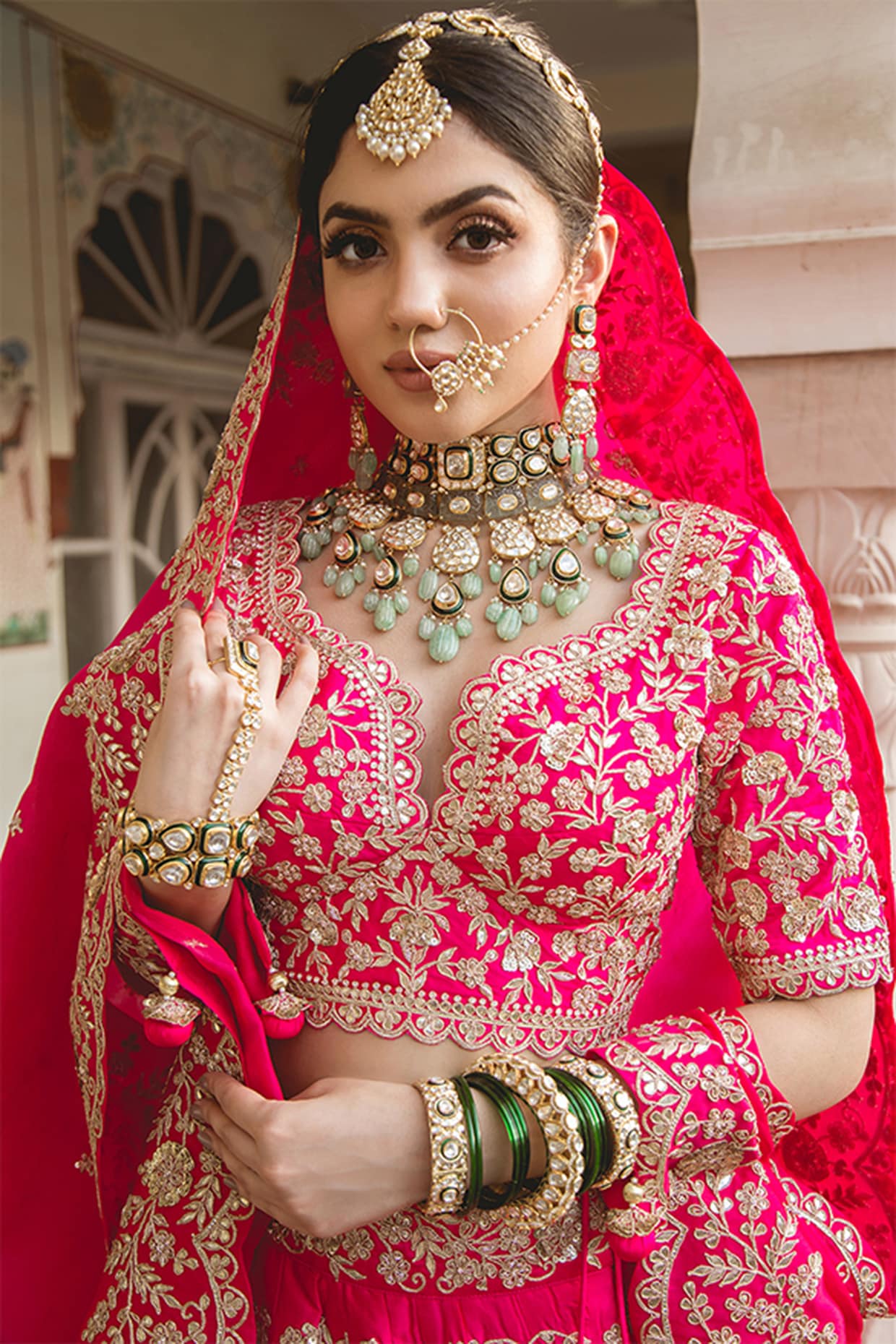 Red Bridal Lehenga With Green Jewellery Set | Bridal lehenga red, Indian  bridal wear, Indian wedding outfits
