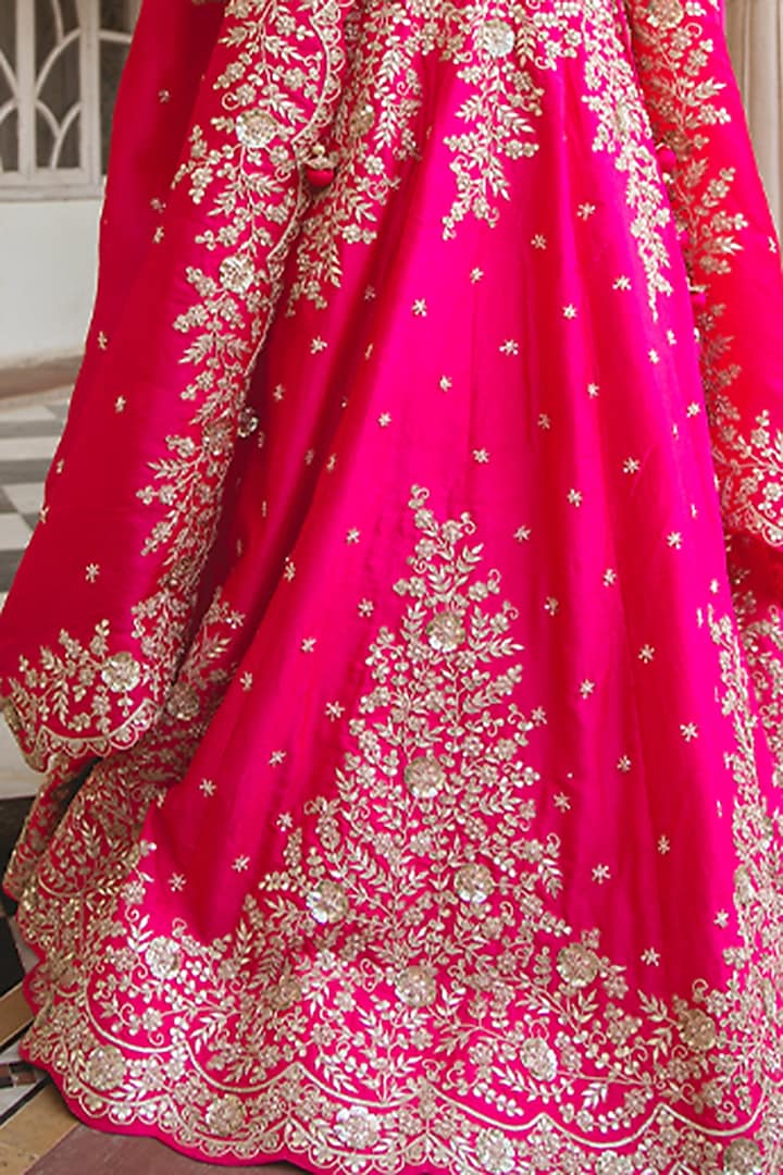 Strawberry Pink Embroidered Wedding Lehenga Set by SURBHI SHAH at