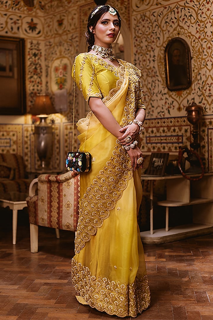 Dandelion Yellow Ombre Embroidered Saree Set by SURBHI SHAH